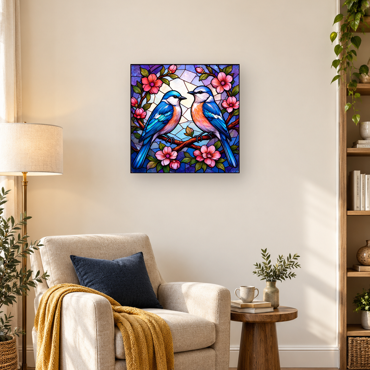 Two blue-and-orange birds on flowering branches in a colorful stained-glass scene — 03_lifestyle_hero
