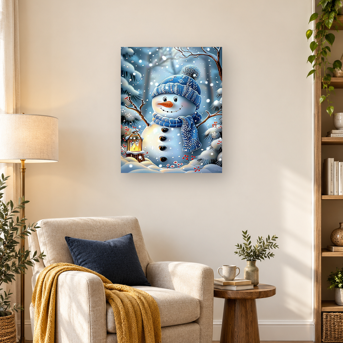 Two blue-scarfed snowmen stand among snowy evergreens, red berries, falling snow, and a glowing lantern.