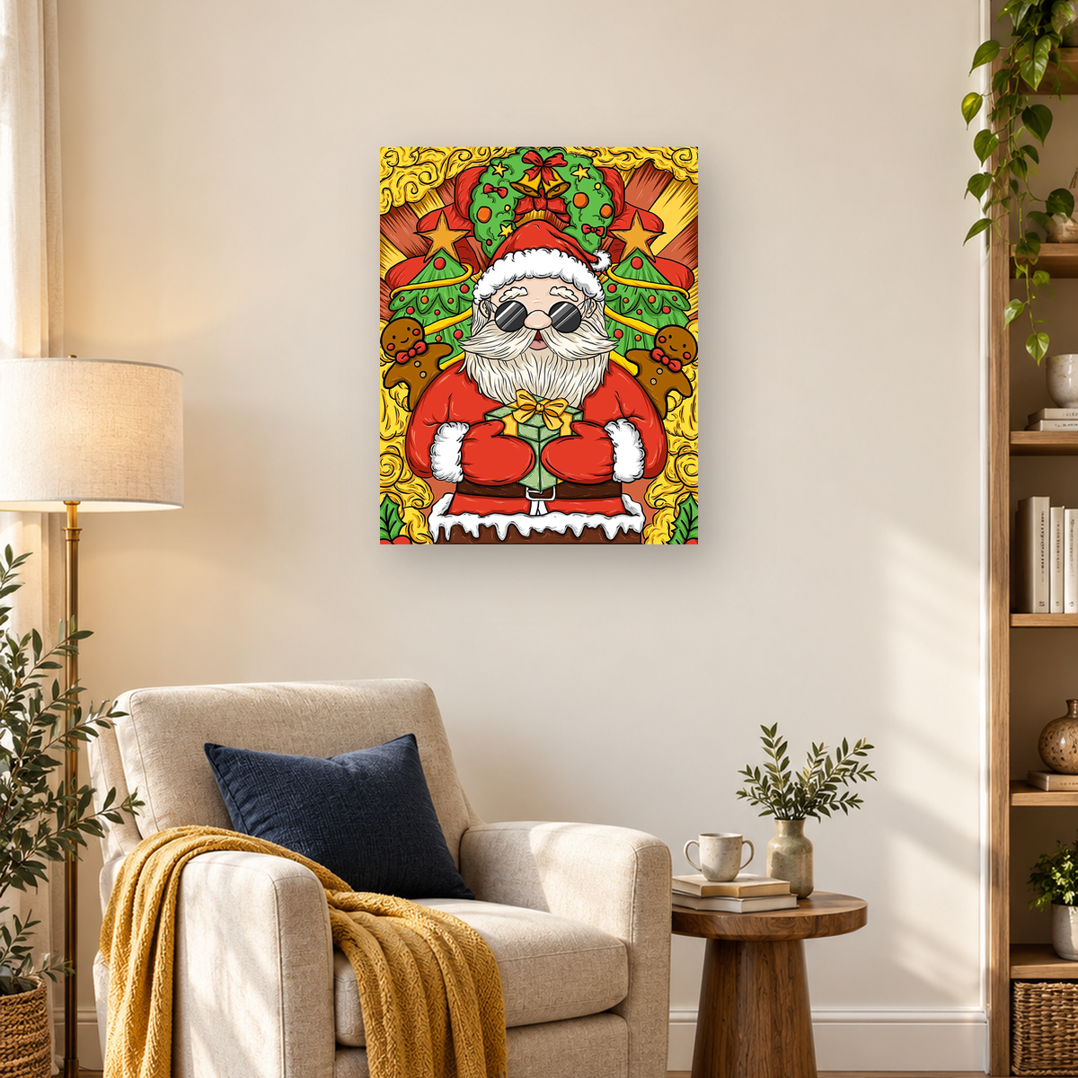 Cartoon Santa in sunglasses holding a green gift, surrounded by Christmas trees, wreaths, stars, and gingerbread figures. — 03_lifestyle_hero