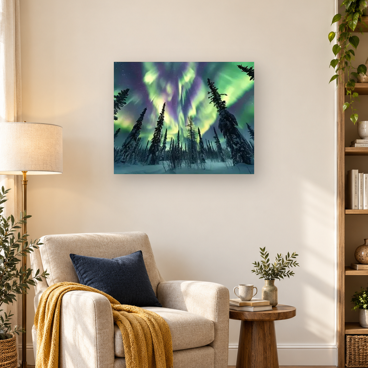 Green and purple aurora above a snowy conifer forest beneath a starry night sky — 03_lifestyle_hero