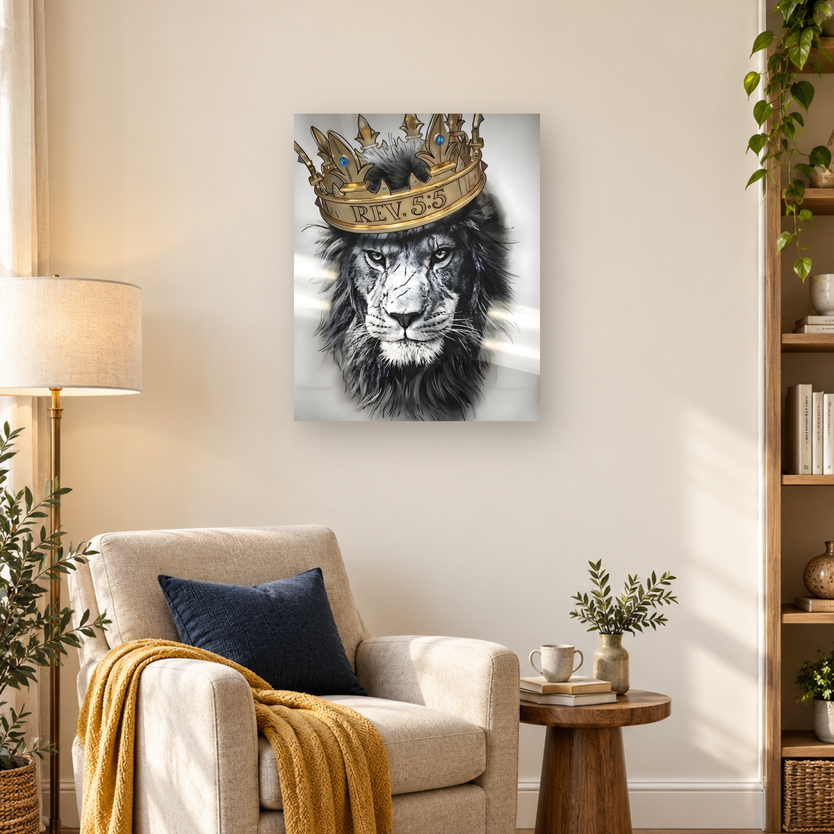 Frontal black-and-white lion wearing a gold crown with blue gemstones and REV.5:5 inscription — 03_lifestyle_hero