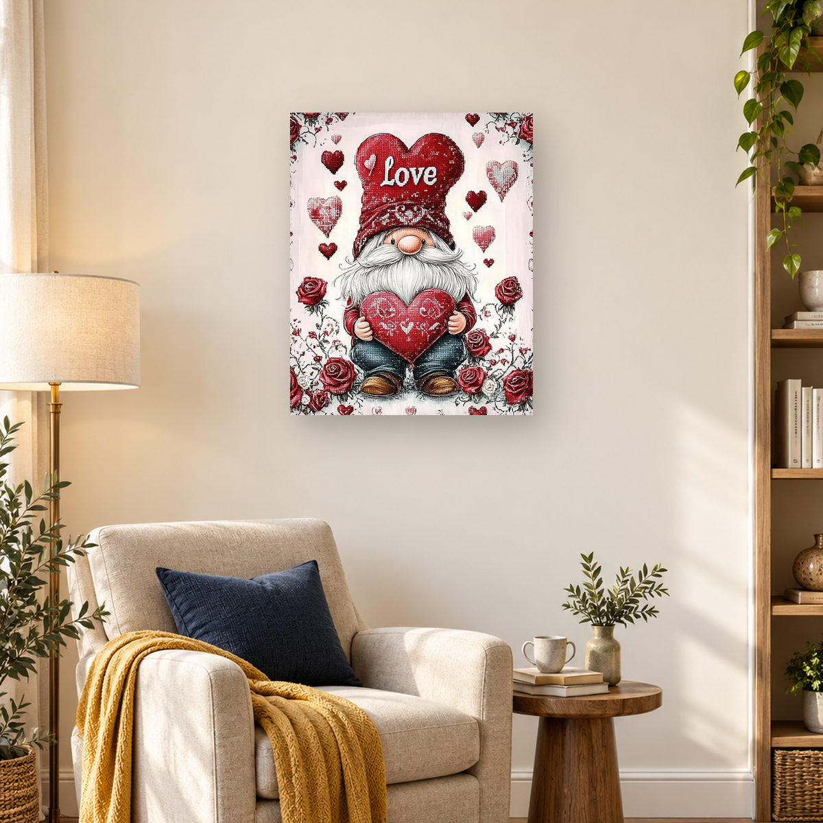 MalaMind Gallery V3 | 03 Lifestyle Hero | FA-260921-067 | Bearded gnome in a Love hat holding a large red heart among roses and floating hearts