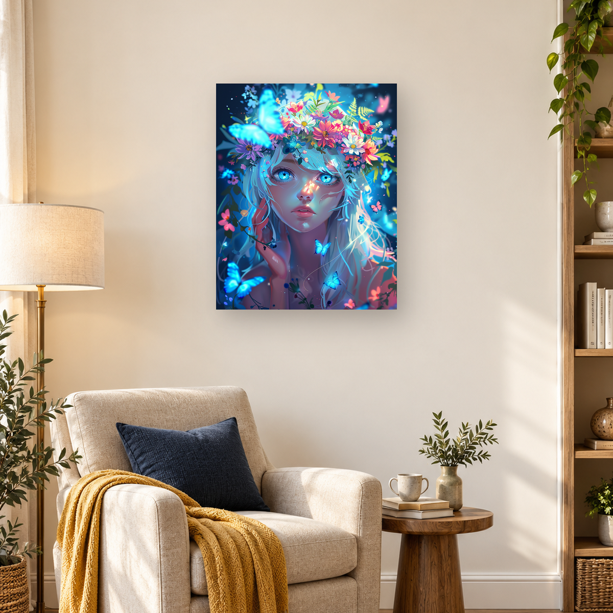 Blue-haired fantasy woman with glowing blue eyes, a floral crown, and luminous butterflies — 03_lifestyle_hero