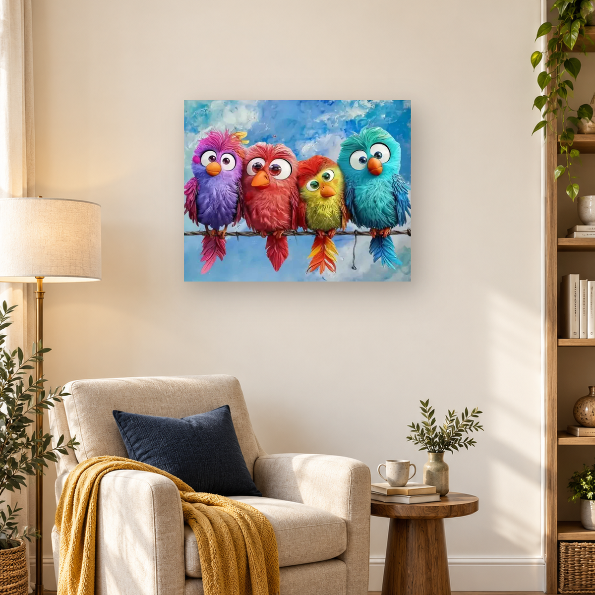 Four colorful cartoon birds with expressive eyes perched on a wire against a blue painted background — 03_lifestyle_hero
