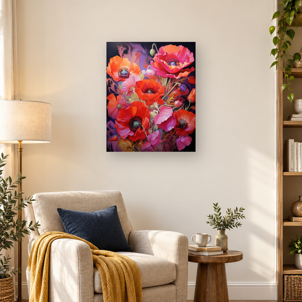 Colorful red, orange, pink, and purple poppy bouquet with foliage on a dark background — 03_lifestyle_hero