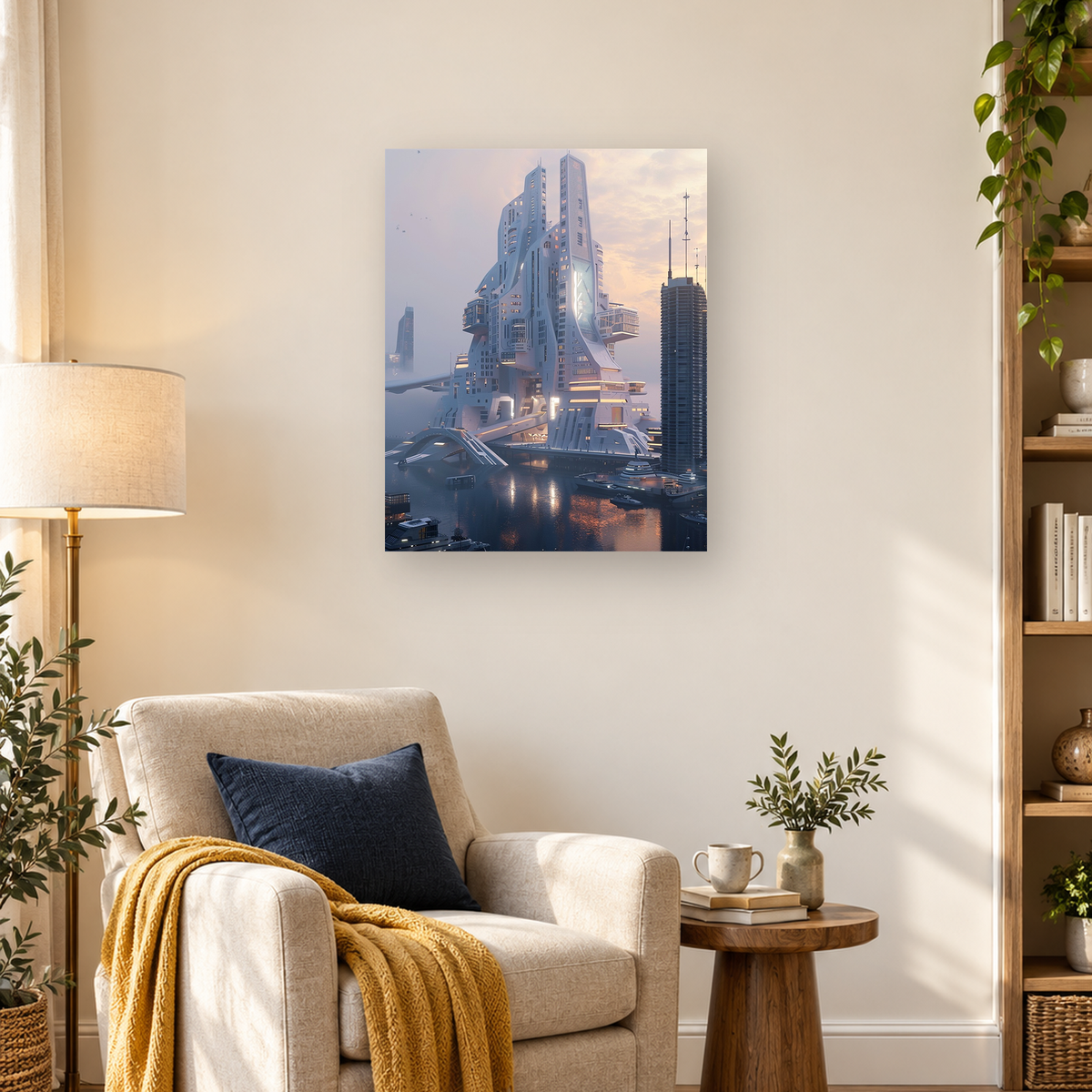 Futuristic waterfront city with a monumental illuminated tower, elevated structures, boats, and glowing reflections — 03_lifestyle_hero