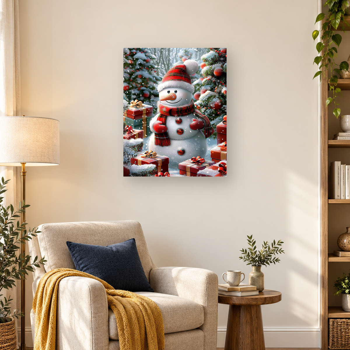 MalaMind Gallery V3 | 03 Lifestyle Hero | CH-260921-076 | Smiling snowman in red plaid winter clothing surrounded by presents, evergreen branches, and falling snow.