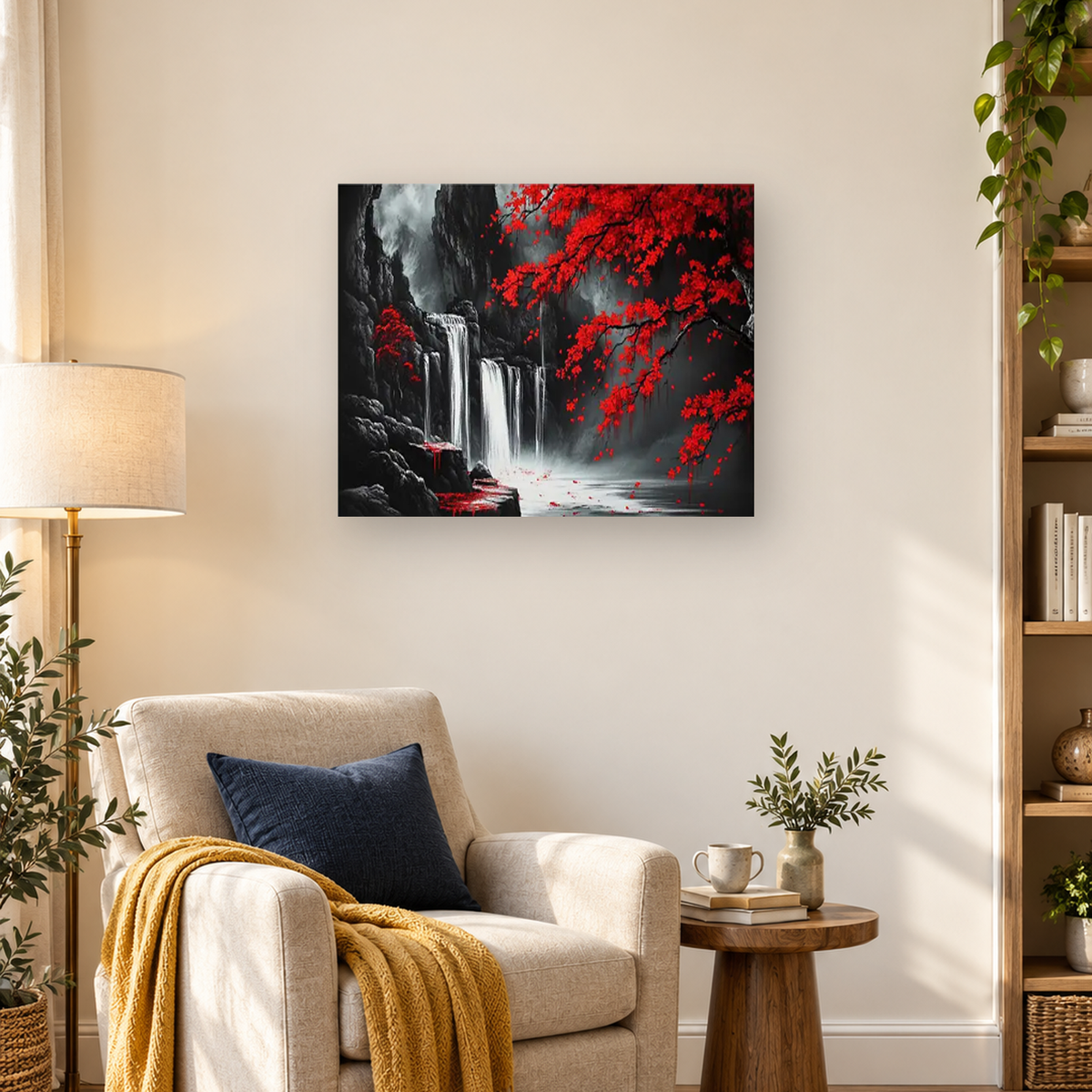 White waterfalls cascade through dark cliffs beneath vivid red branches and mist. — 03_lifestyle_hero