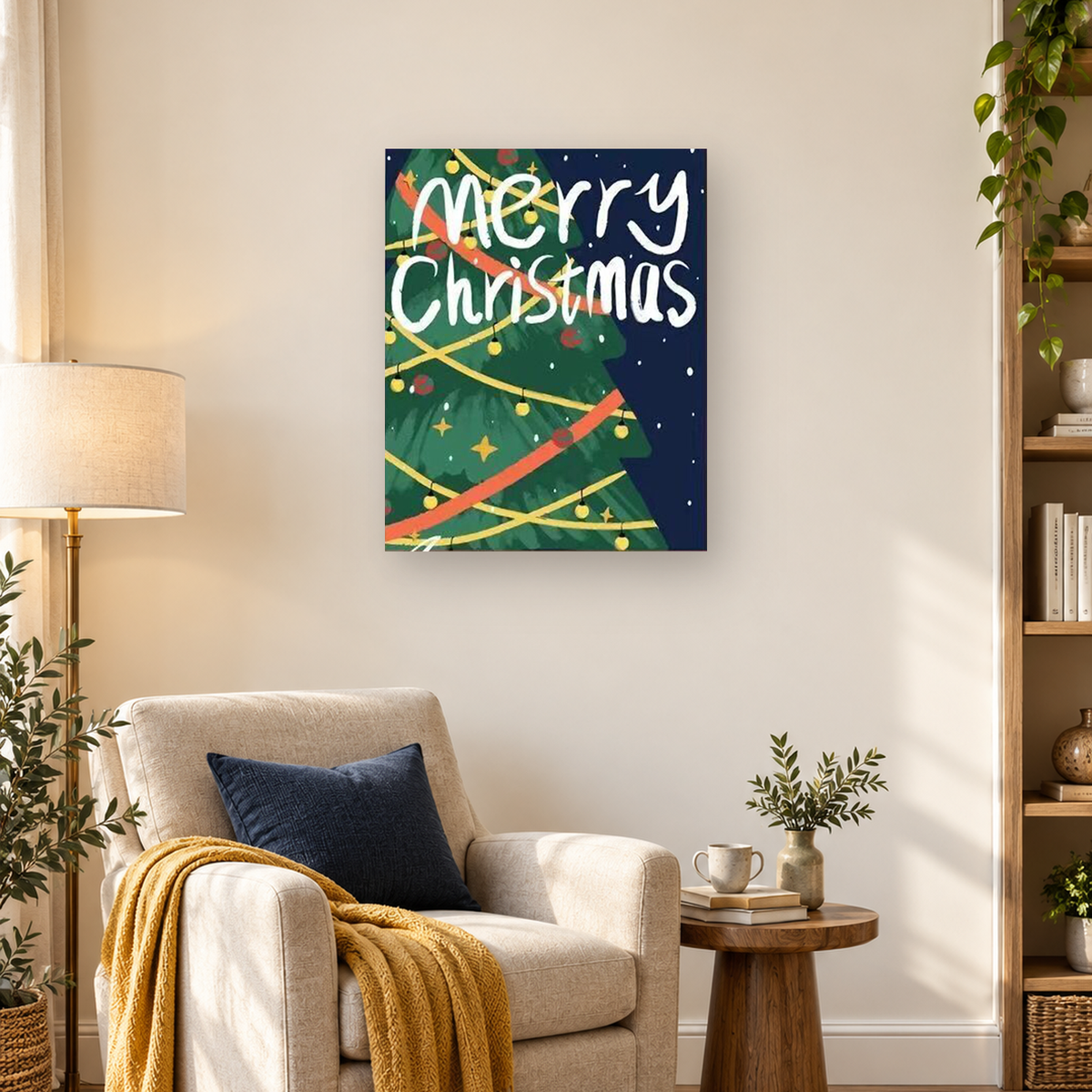Decorated green Christmas tree with lights, red ribbon, and white Merry Christmas lettering — 03_lifestyle_hero