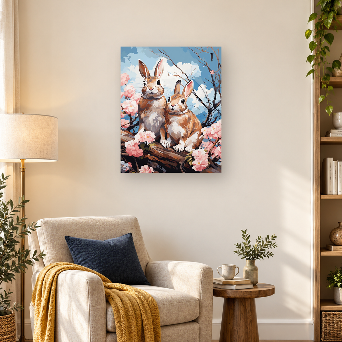 Two brown-and-white rabbits perched on a flowering branch beneath a blue sky with pink blossoms. — 03_lifestyle_hero
