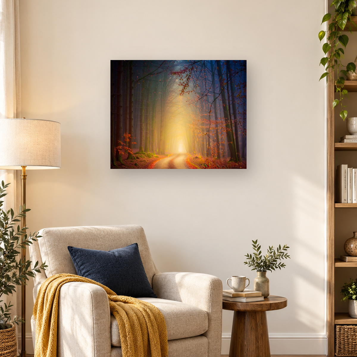 Sunlight glows through a dense autumn forest along a winding dirt path. — 03_lifestyle_hero