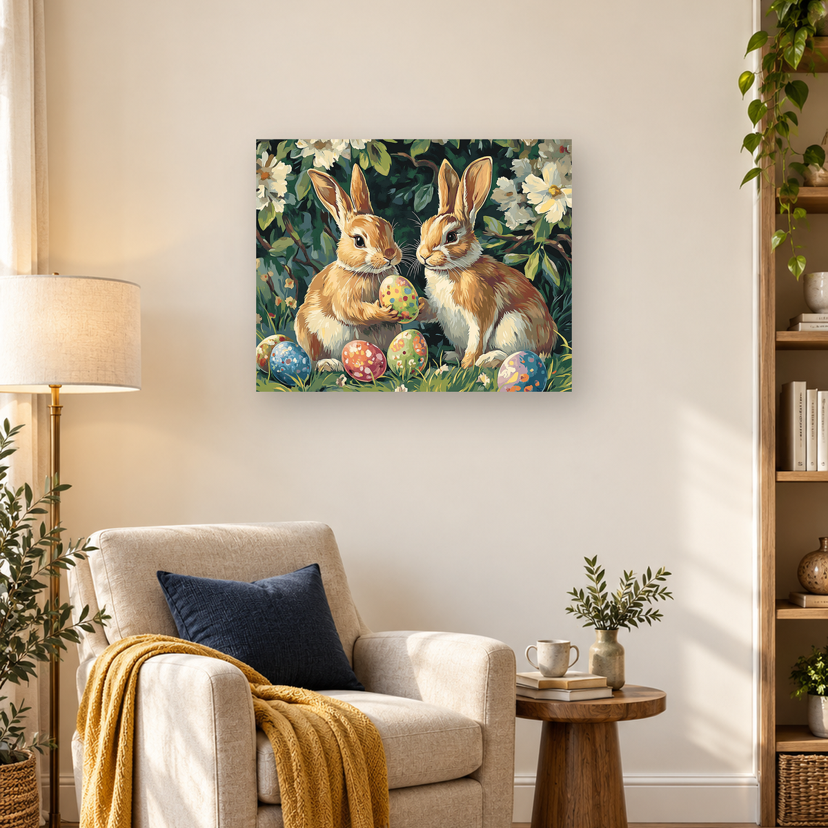 Two brown-and-white rabbits with colorful Easter eggs in a flower-filled garden — 03_lifestyle_hero