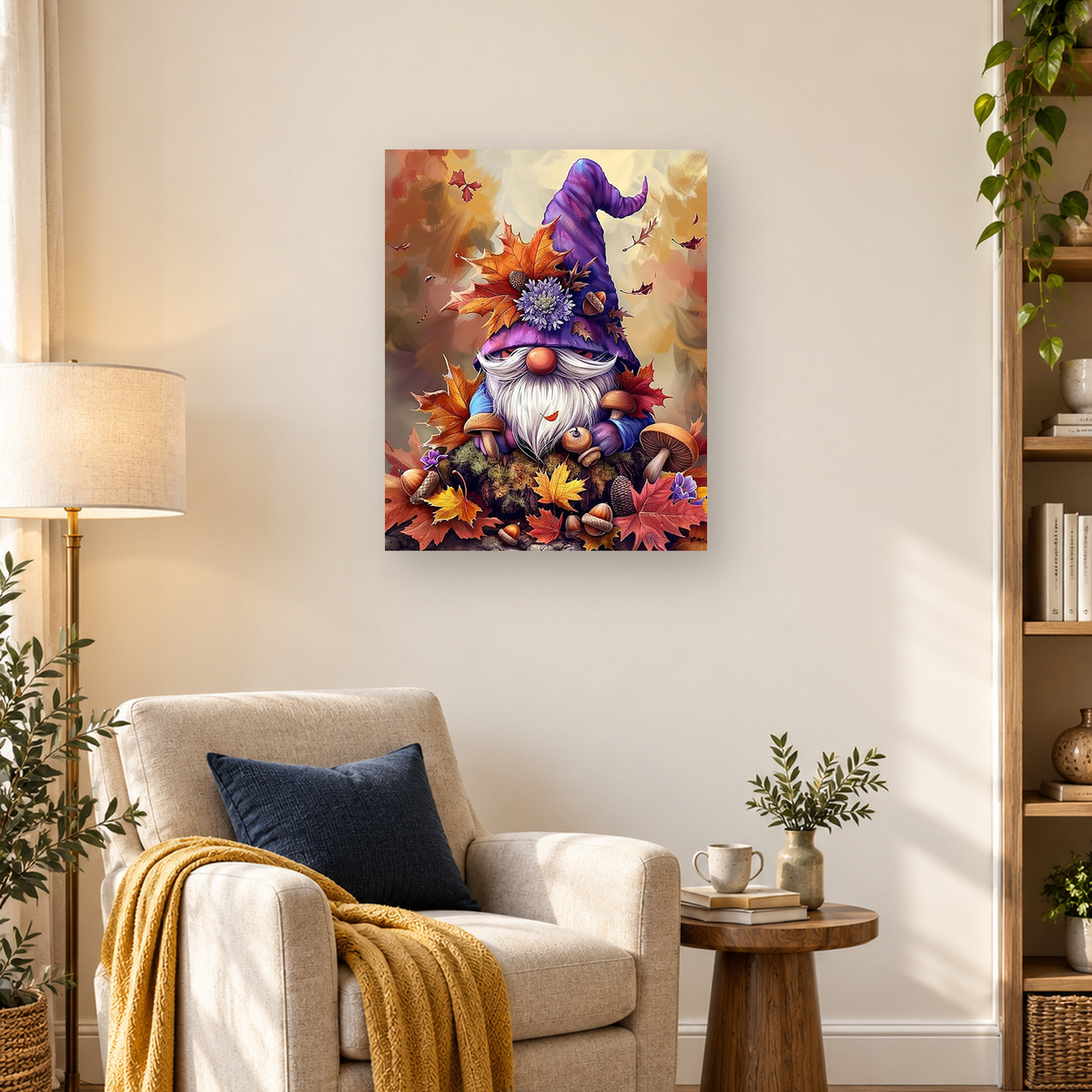 Bearded gnome in a purple hat surrounded by mushrooms, acorns, moss, and colorful autumn leaves
