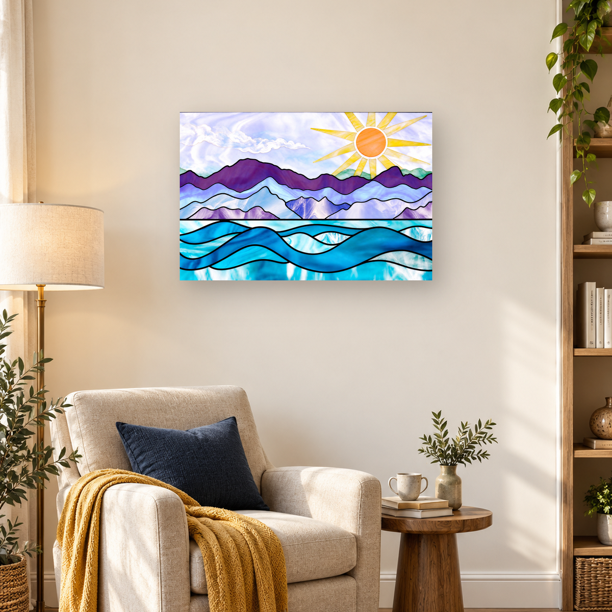 Stained-glass-inspired mountain landscape with a radiant sun, purple peaks, clouds, and layered blue waves. — 03_lifestyle_hero