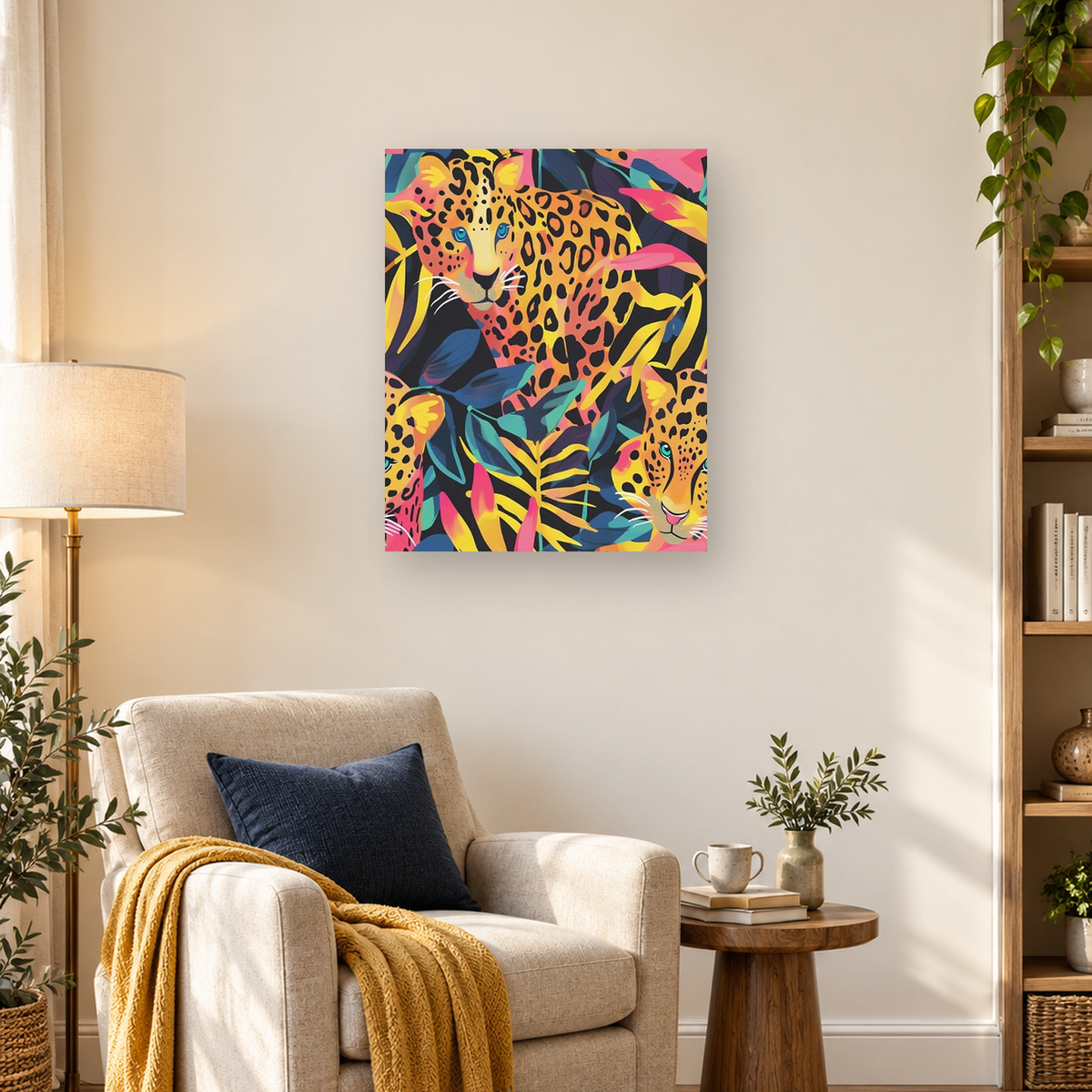 Three colorful leopards surrounded by tropical leaves and flowers in a bold graphic illustration — 03_lifestyle_hero
