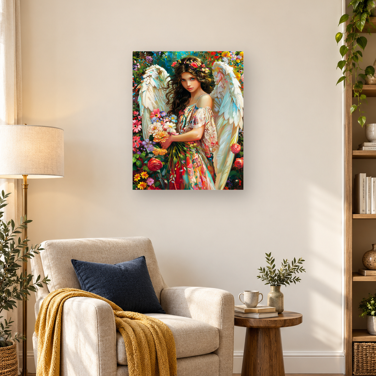 Winged woman with a floral crown, white feathered wings, colorful dress, and surrounding flowers — 03_lifestyle_hero