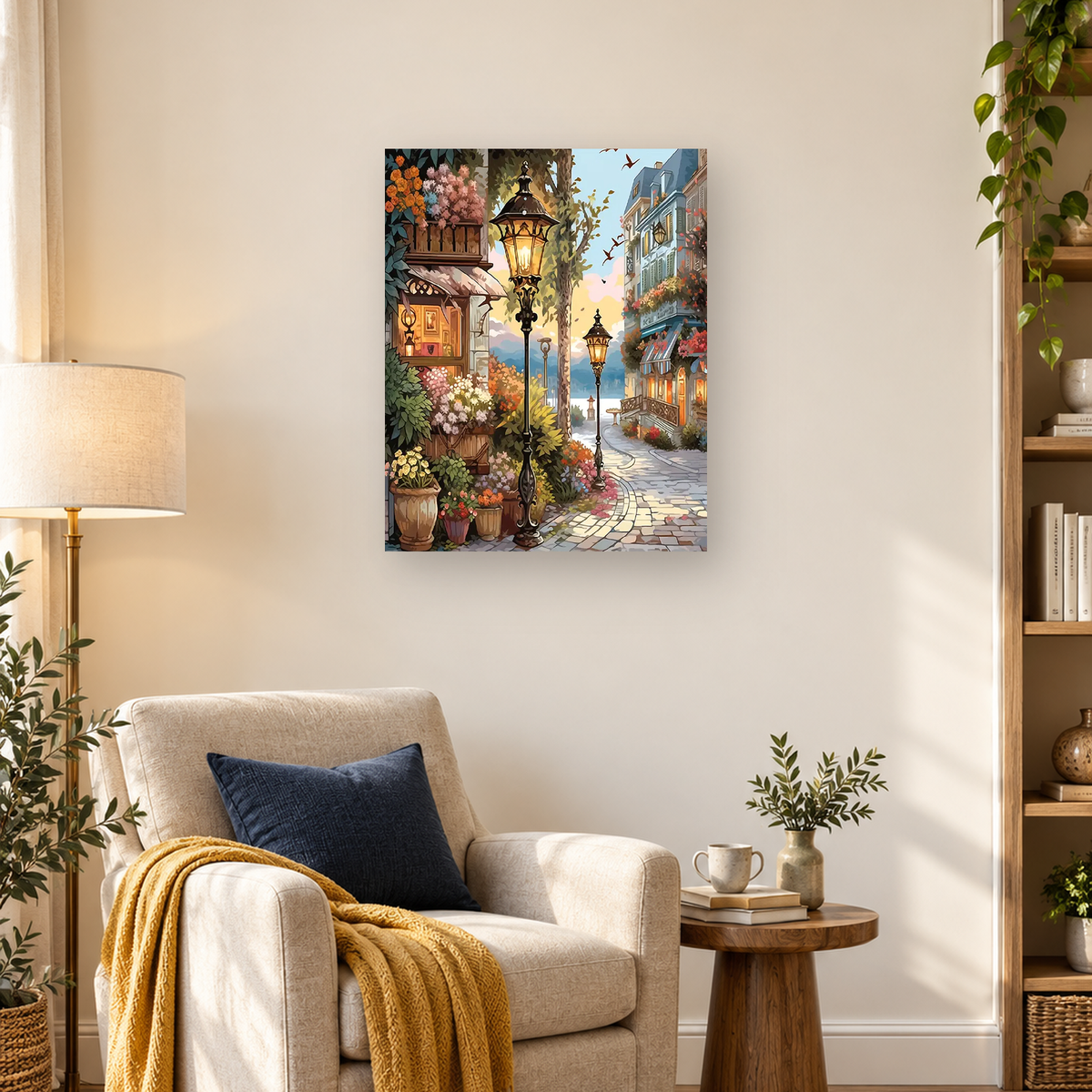 Flower-filled cobblestone street with glowing ornate lamps, buildings, trees, birds, and distant blue hills — 03_lifestyle_hero