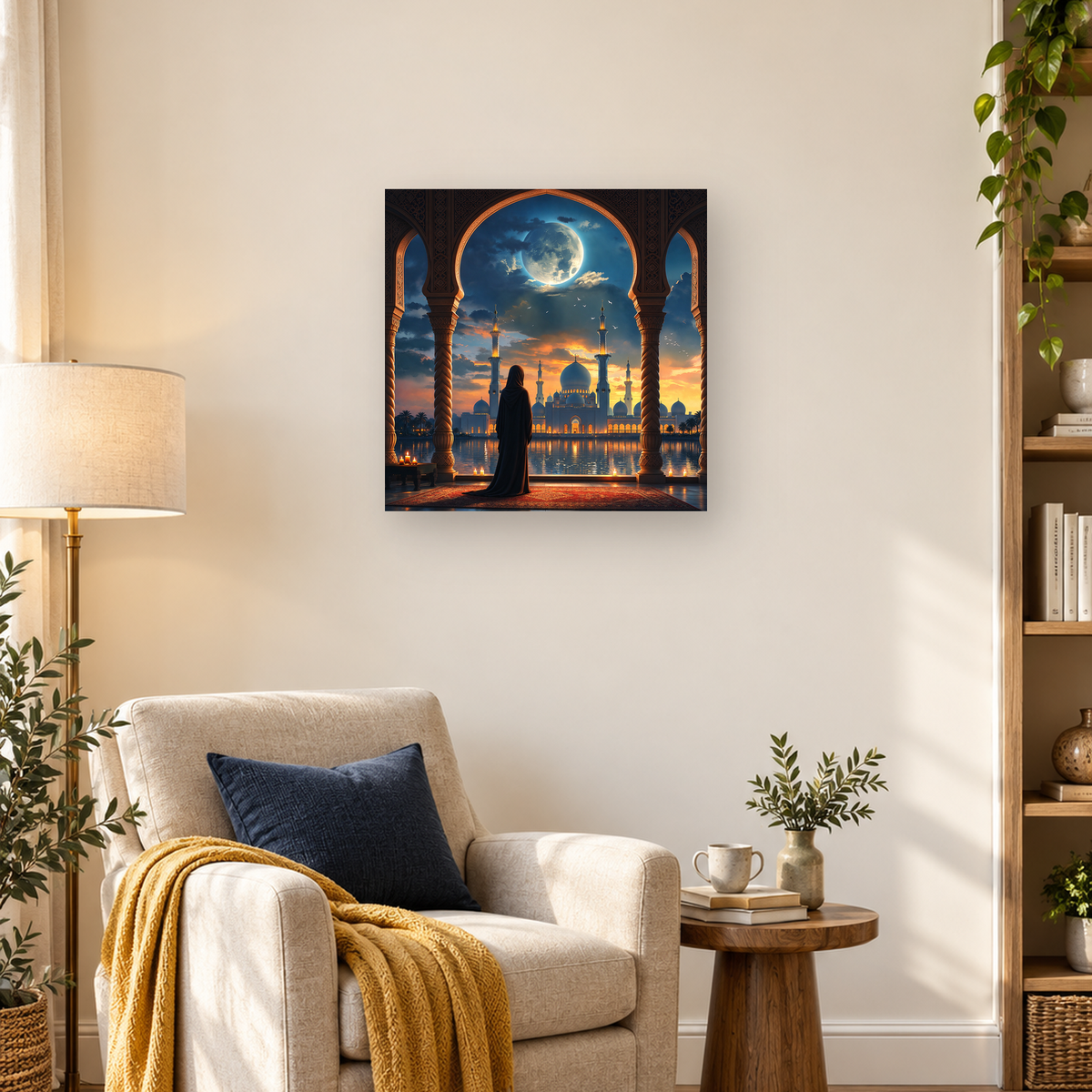 Veiled figure beneath ornate arches facing a glowing domed mosque across reflective water — 03_lifestyle_hero