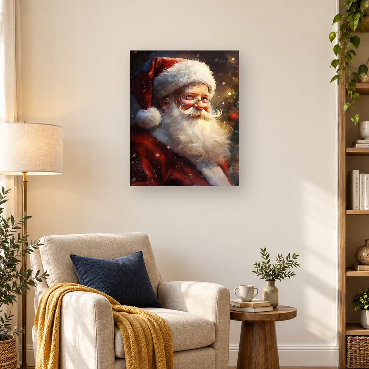 Painterly close-up of smiling Santa Claus with glasses, white beard, red hat, falling snow, and glowing holiday lights.