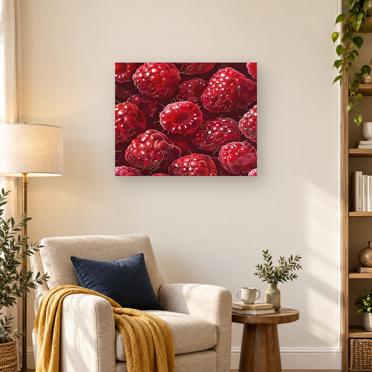 Glossy red raspberry clusters overlap across a dark burgundy background in a close-up fruit pattern. — 03_lifestyle_hero