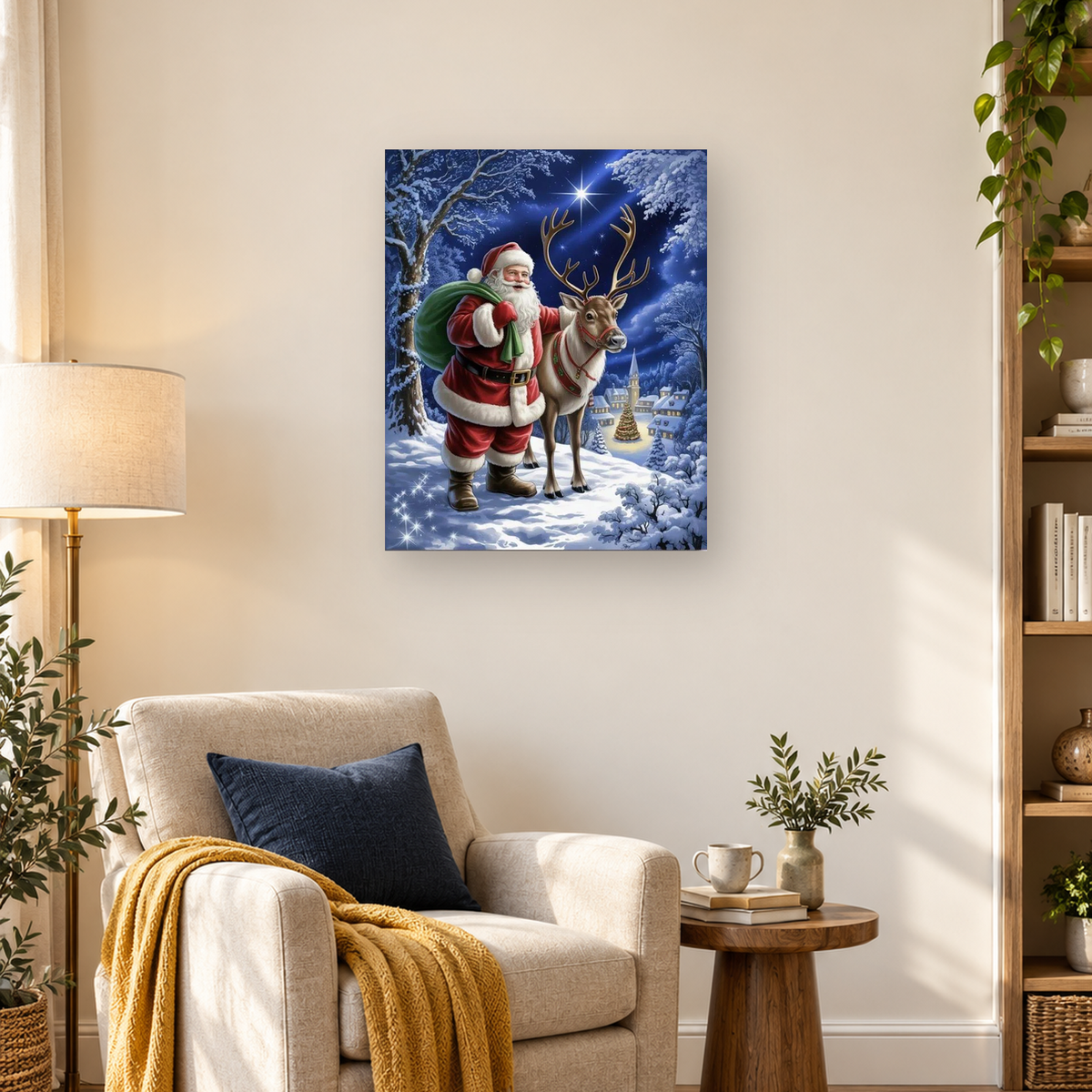 Santa stands beside a harnessed reindeer above a glowing snowy Christmas village under a starry sky.