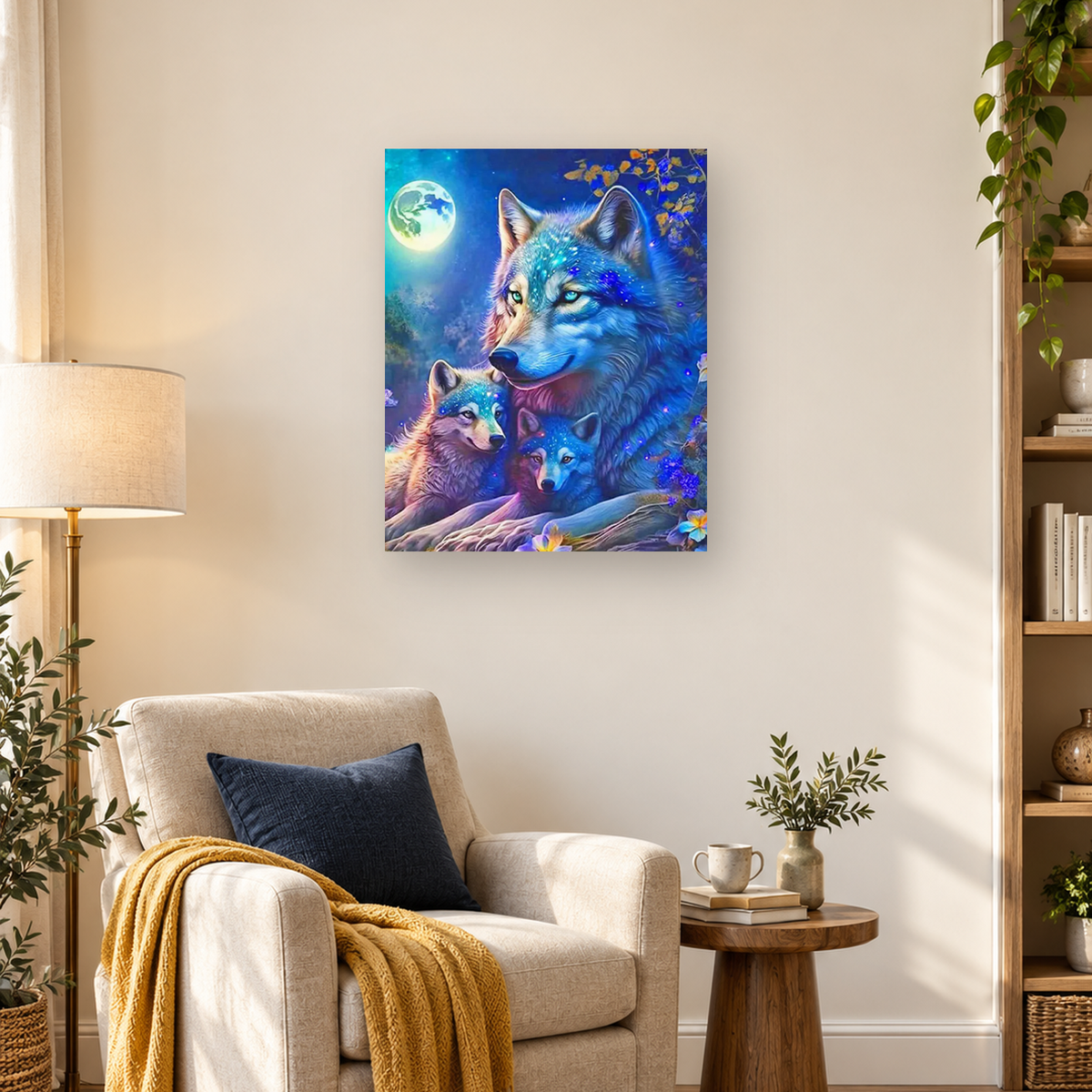 Blue adult wolf with two pups beneath a glowing full moon in a colorful forest — 03_lifestyle_hero