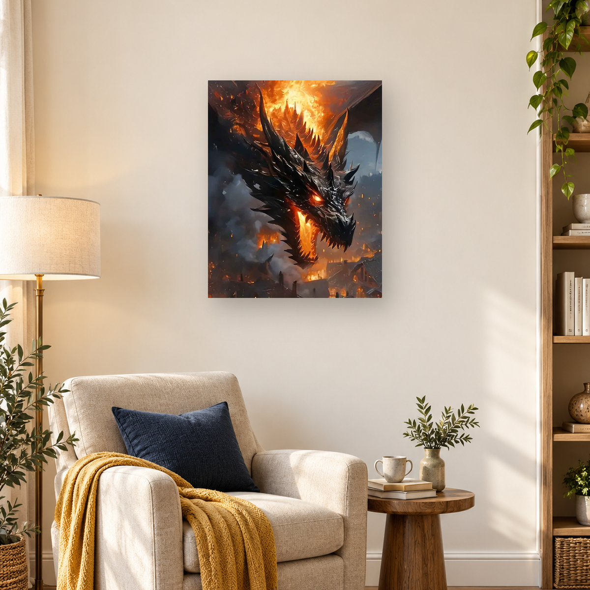 Black dragon with a glowing eye surrounded by flames, smoke, and burning structures — 03_lifestyle_hero
