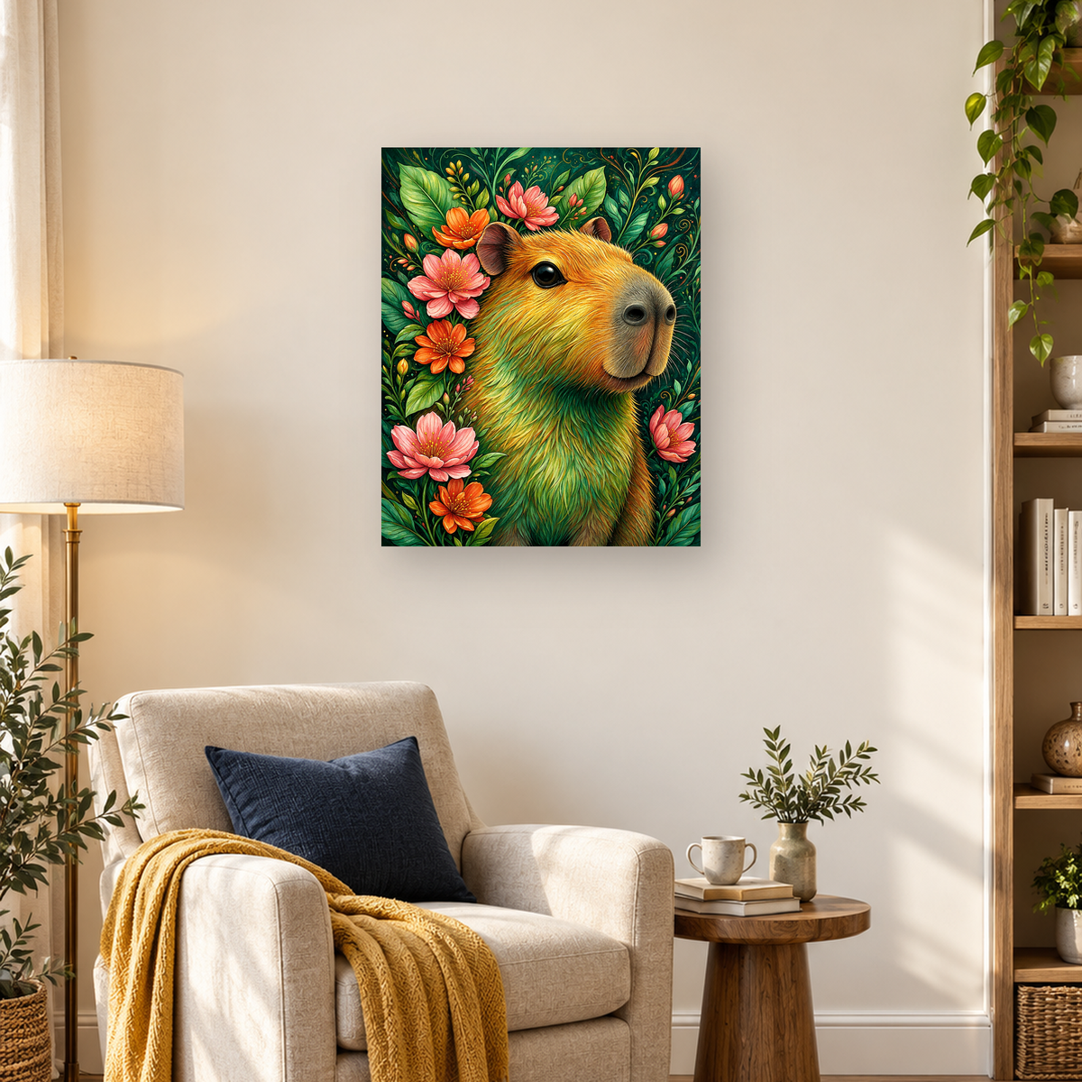 Close-up golden-brown capybara surrounded by pink and orange flowers and dense green foliage — 03_lifestyle_hero