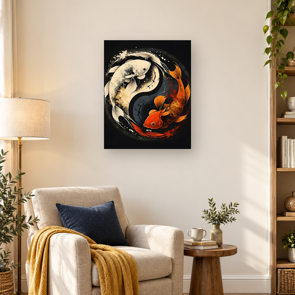 Three cream and orange koi fish swirl around a pale center on a dark background. — 03_lifestyle_hero