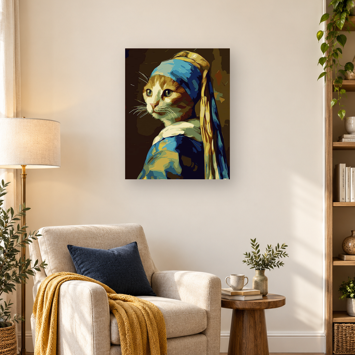 Stylized cat portrait with green eyes wrapped in blue and gold drapery against a dark background — 03_lifestyle_hero