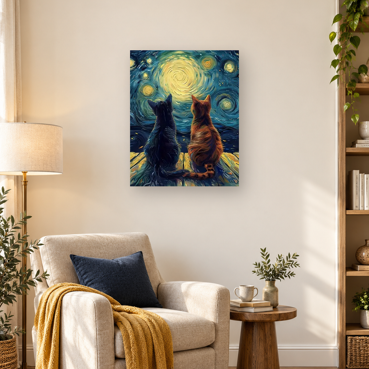 Two cats sit beneath a luminous spiraling blue-green sky with golden circular forms. — 03_lifestyle_hero