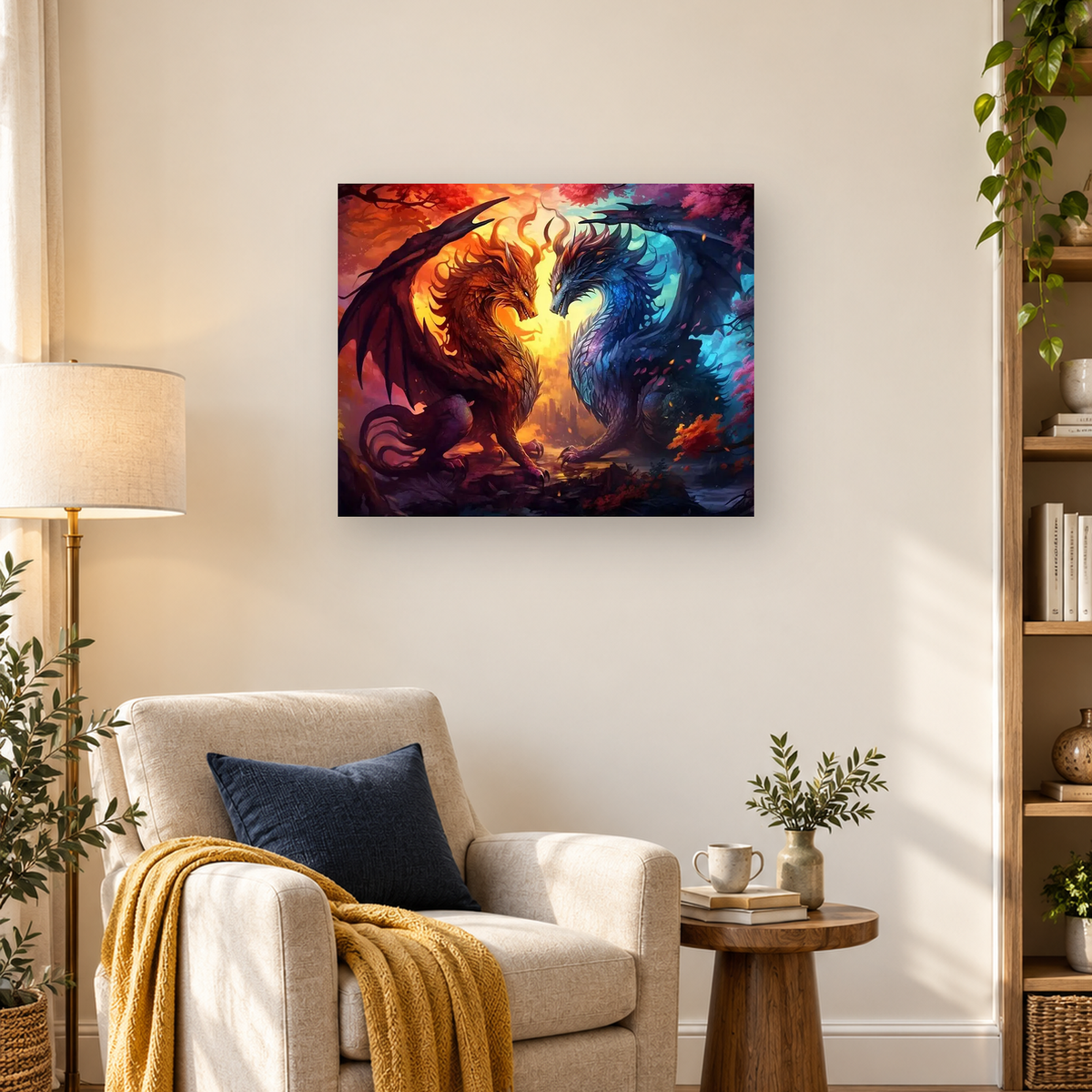 Red-orange and blue dragons face each other in a glowing, colorful fantasy forest. — 03_lifestyle_hero