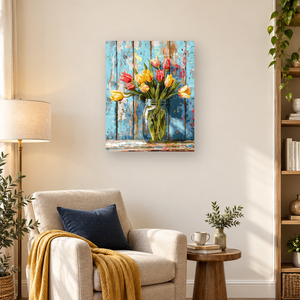 Colorful tulip bouquet in a reflective glass vase against an abstract blue wooden backdrop. — 03_lifestyle_hero