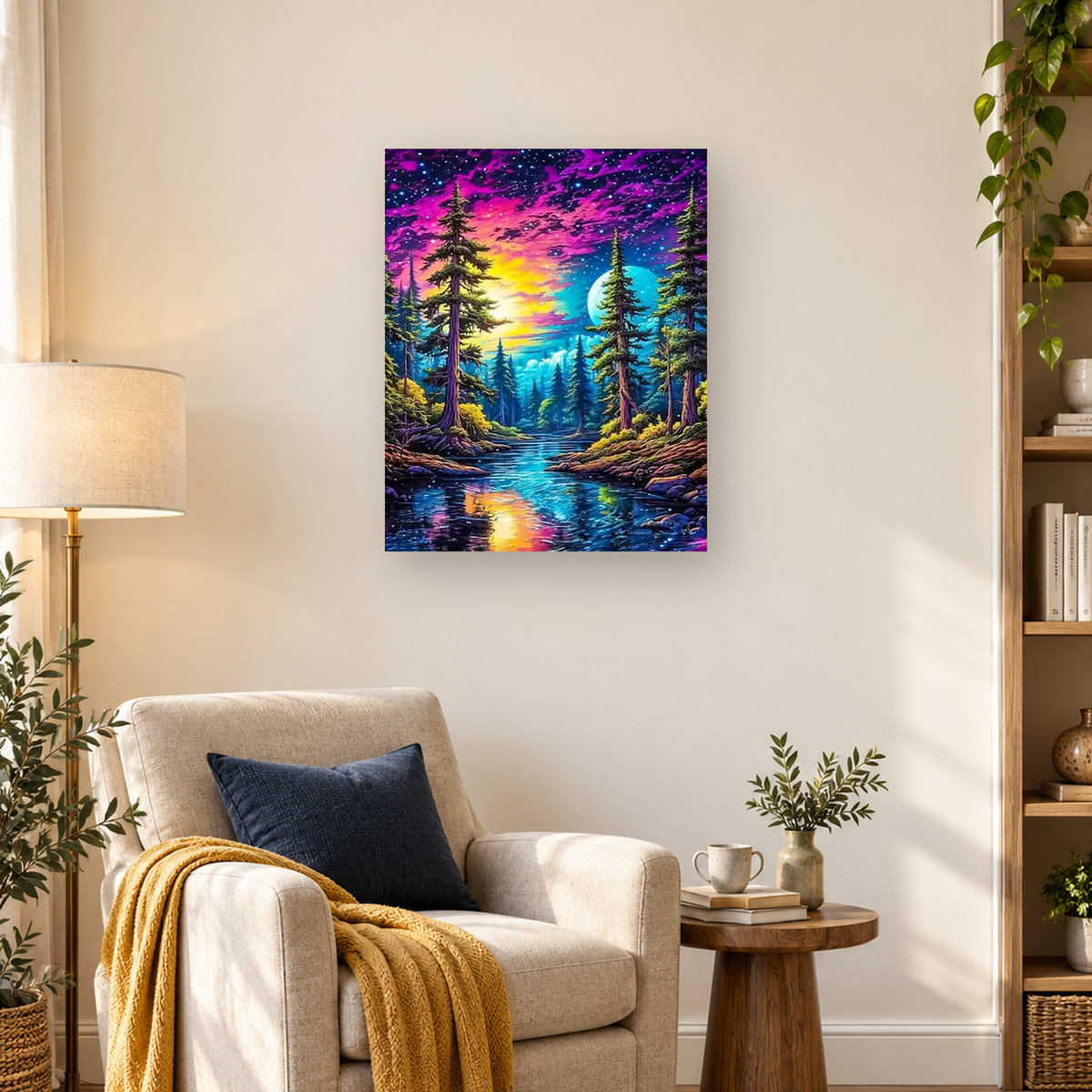 Colorful evergreen forest surrounding a reflective stream beneath stars and a large turquoise moon — 03_lifestyle_hero
