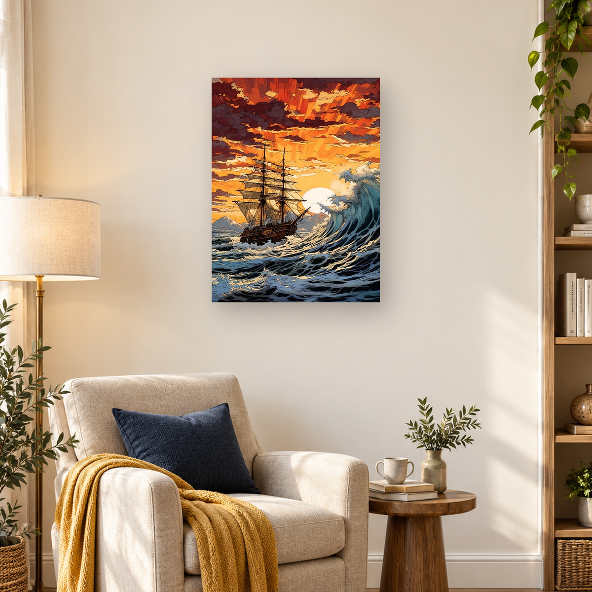 Three-masted sailing ship battling a towering ocean wave beneath an orange sunset — 03_lifestyle_hero