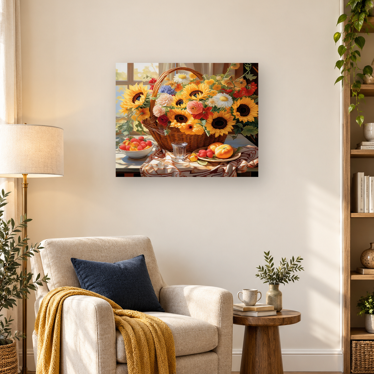 Painterly still life of a sunflower-filled wicker basket beside bowls and plates of fruit by a window — 03_lifestyle_hero