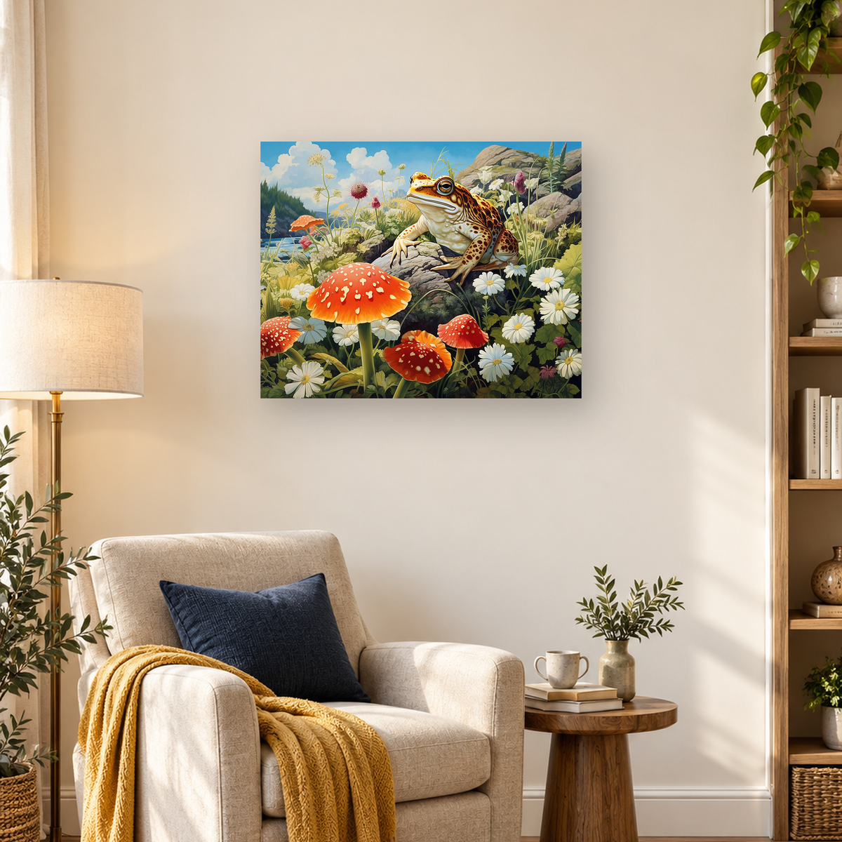 Spotted frog perched on rocks among red mushrooms and white daisies in a mountain meadow — 03_lifestyle_hero