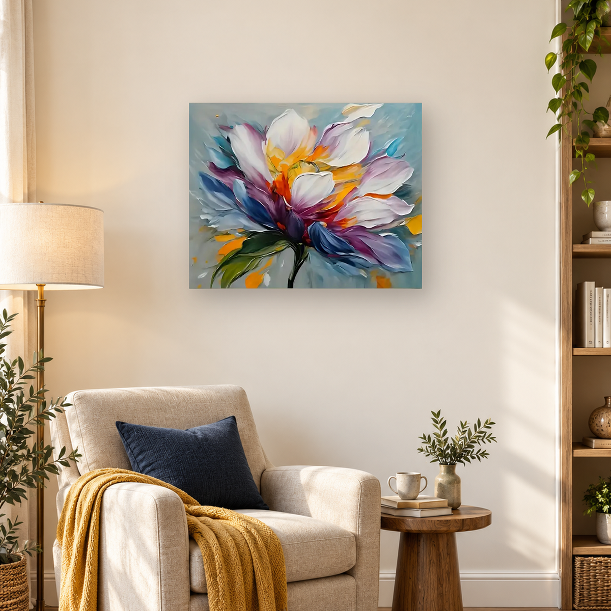 Abstract close-up of a multicolored flower with white, purple, blue, orange, and yellow petals — 03_lifestyle_hero