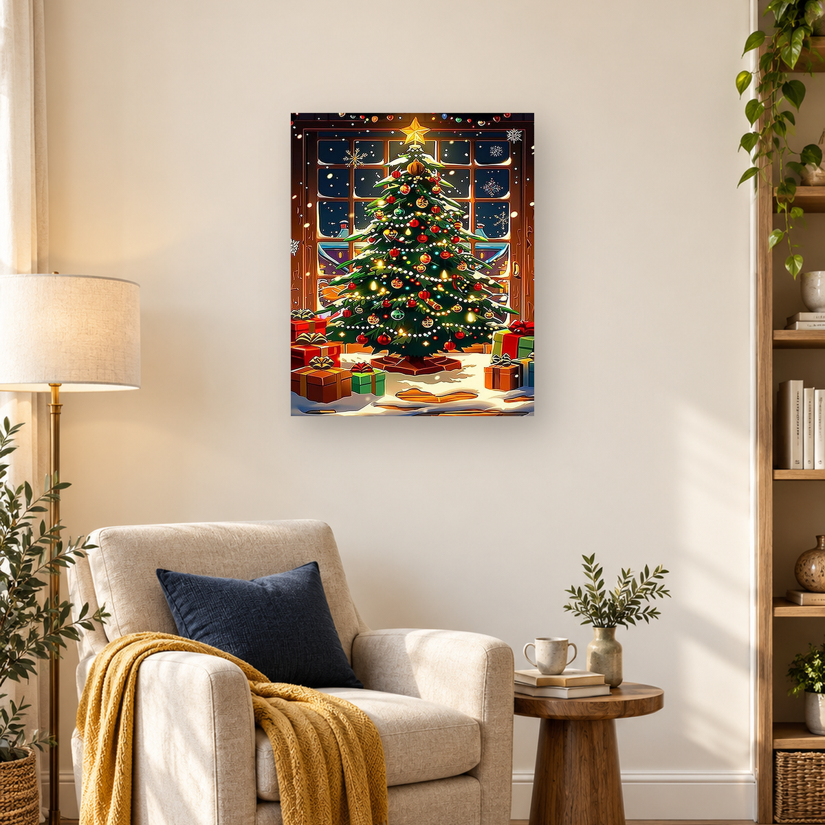 Colorful decorated Christmas tree with a gold star, snowy windows, lights, and wrapped presents