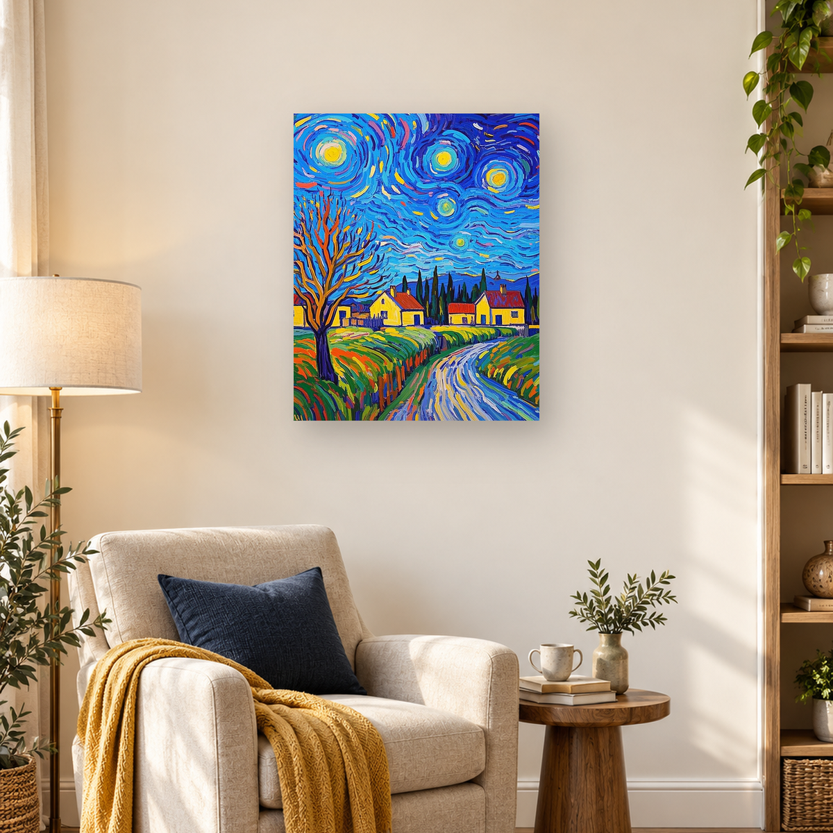 Expressive rural village with yellow houses, bare tree, fields, winding path, and swirling blue sky — 03_lifestyle_hero