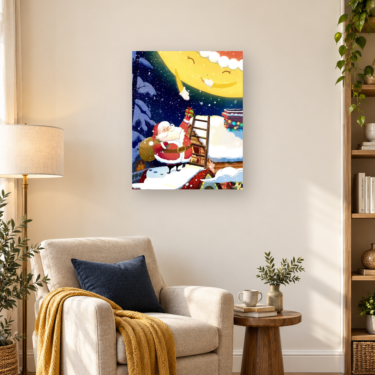 Cartoon Santa on a snowy rooftop with a ladder, gift, chimney, falling snow, and smiling moon — 03_lifestyle_hero