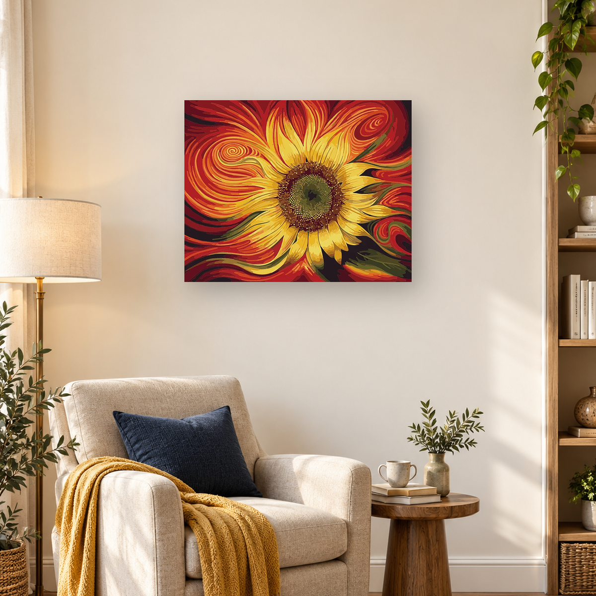 Stylized sunflower with yellow petals and swirling red, orange, green, and black abstract patterns — 03_lifestyle_hero