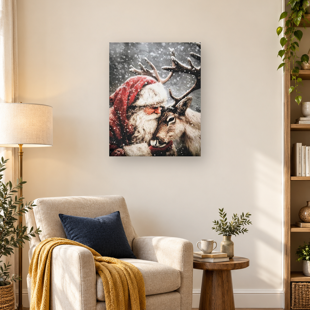 Santa in a snowy red hat embraces a brown reindeer beneath falling snow.