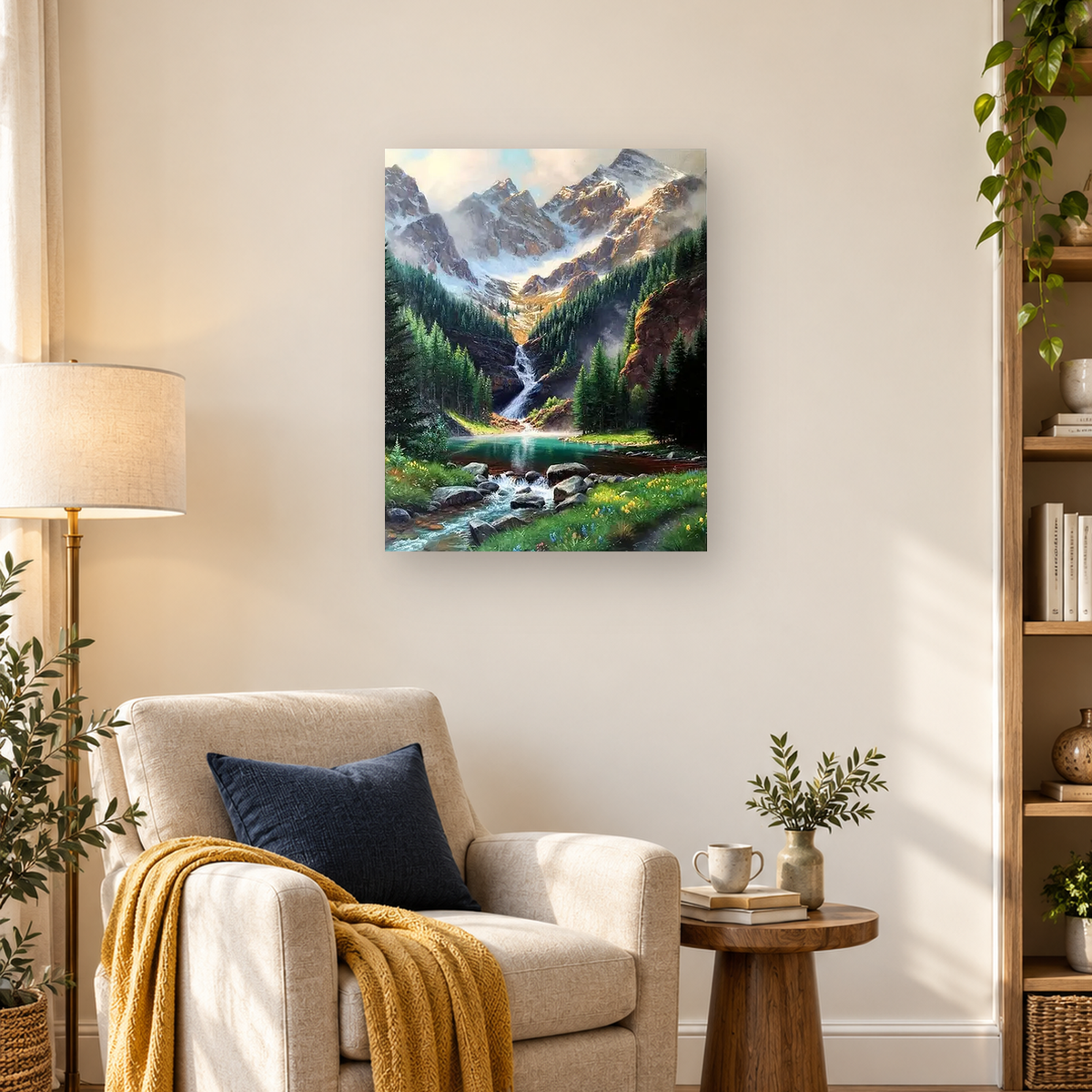 Painterly mountain landscape with a waterfall, evergreen forest, turquoise pool, snowy peaks, and rocky stream — 03_lifestyle_hero