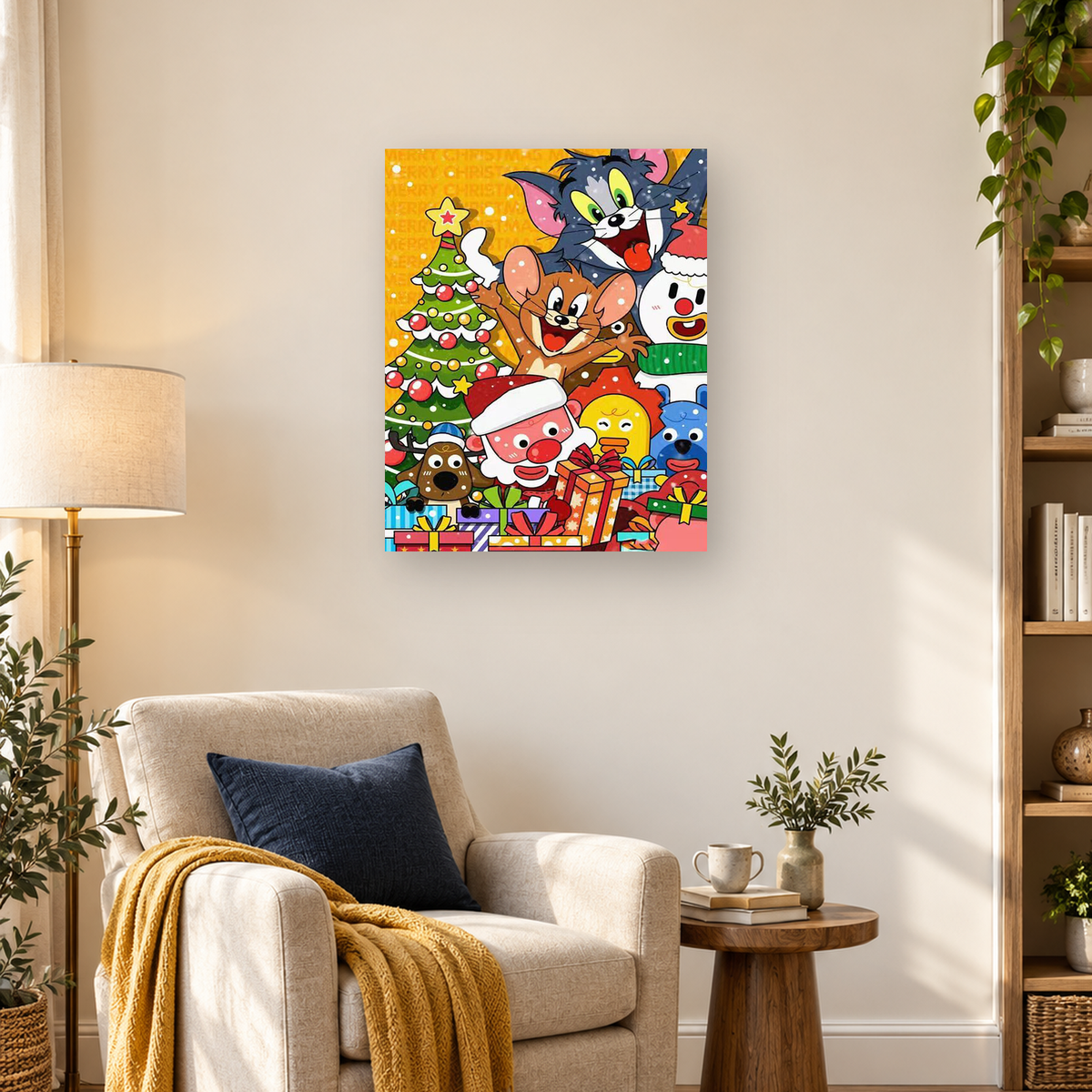 Colorful Christmas cartoon collage with Tom and Jerry, Santa, snowman, tree, animal characters, and wrapped gifts. — 03_lifestyle_hero