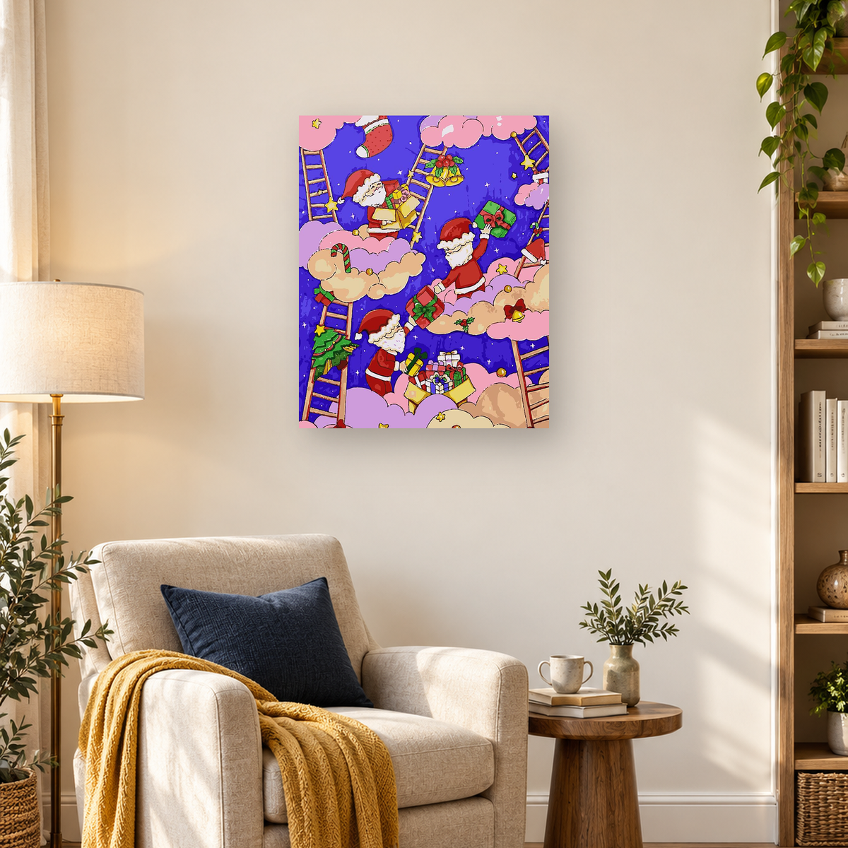 Cartoon Santa figures deliver gifts among pastel clouds, ladders, bells, and stars in a blue-purple Christmas sky. — 03_lifestyle_hero