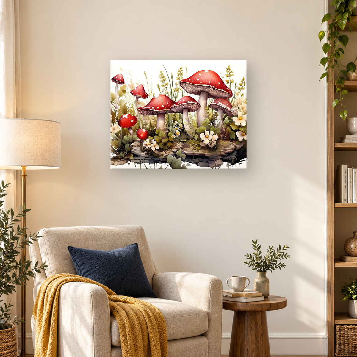 Red-and-white spotted mushrooms surrounded by flowers, grasses, leafy plants, and rocks in a woodland scene. — 03_lifestyle_hero