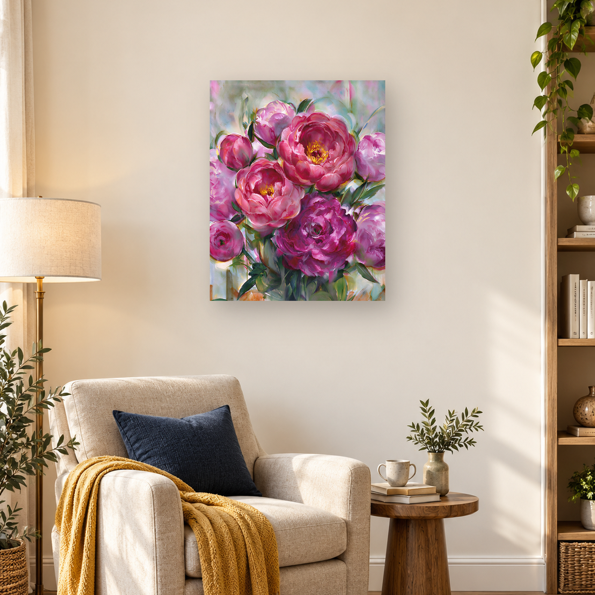 Painterly close-up of pink and magenta peonies with yellow centers and green leaves. — 03_lifestyle_hero