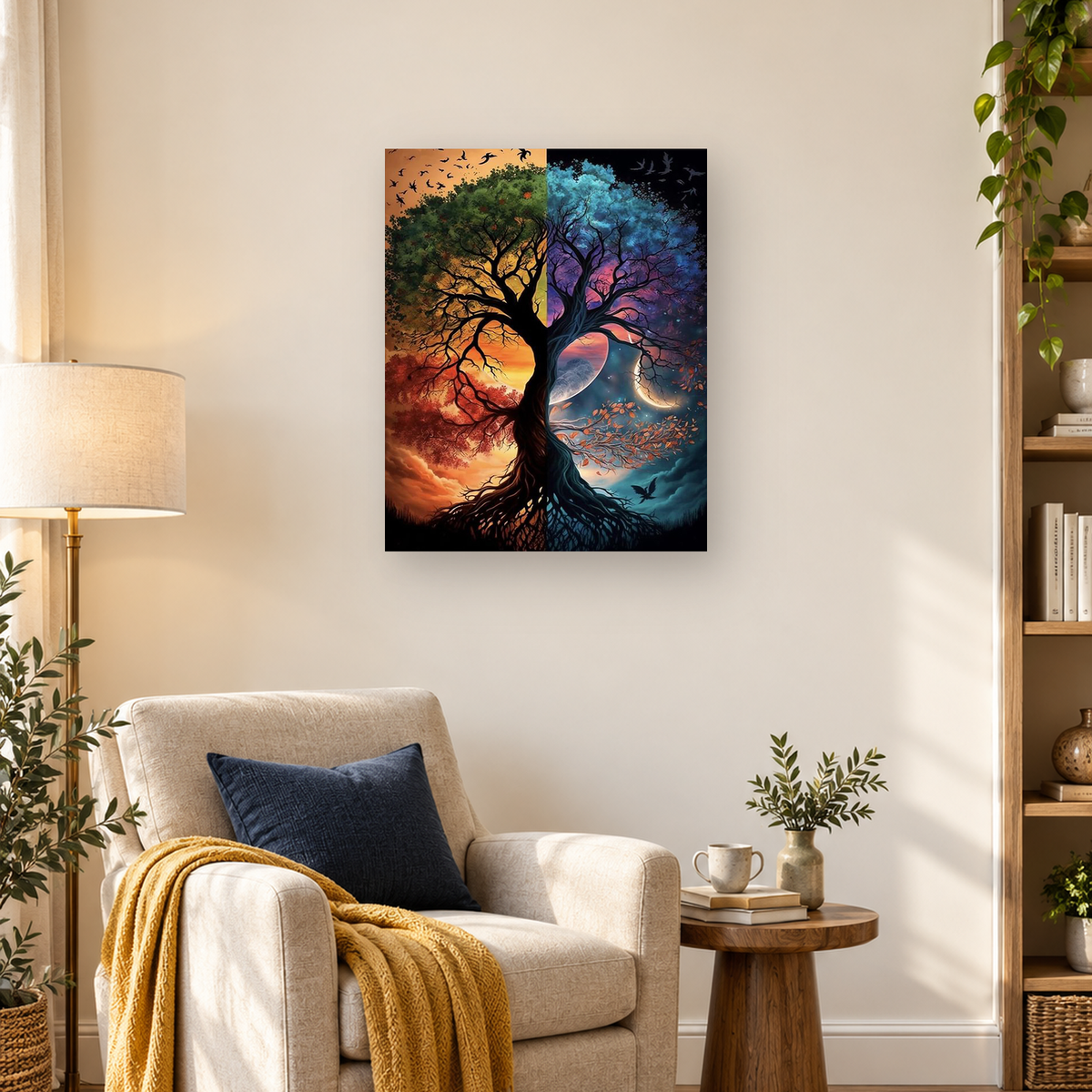 Split-season tree with autumn foliage on one side and a moonlit blue landscape with birds on the other — 03_lifestyle_hero