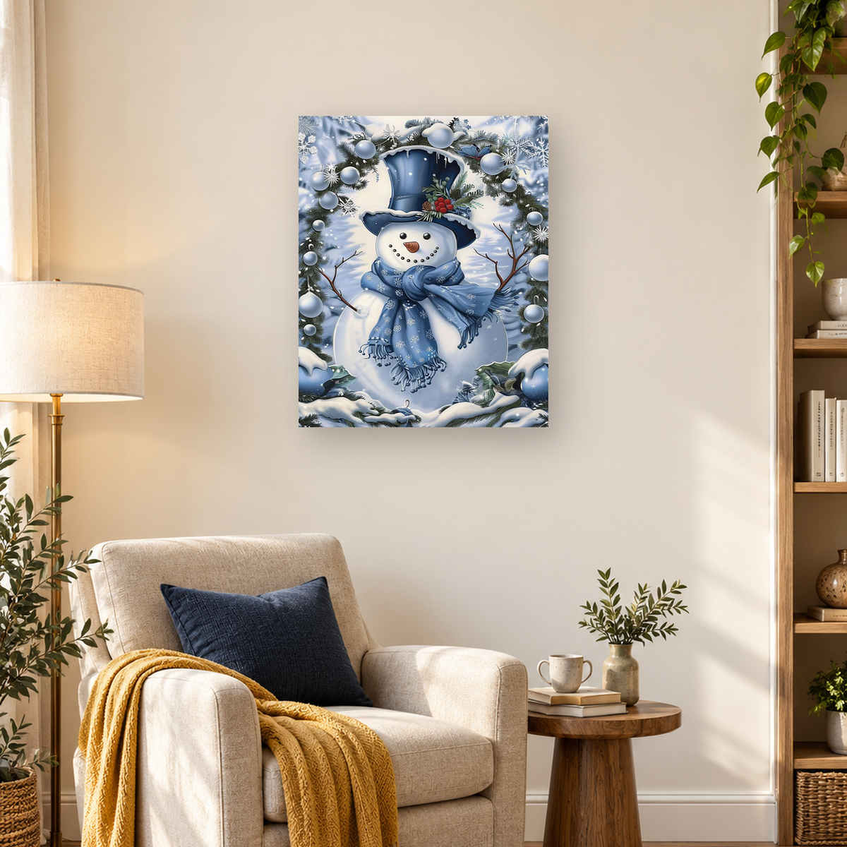 Smiling snowman in a blue top hat and scarf surrounded by snowy evergreens, ornaments, berries, and snowflakes